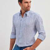 Classic Fit Streifen Navy Leinenhemd