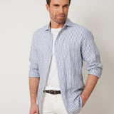 Classic Fit Streifen Navy Leinenhemd
